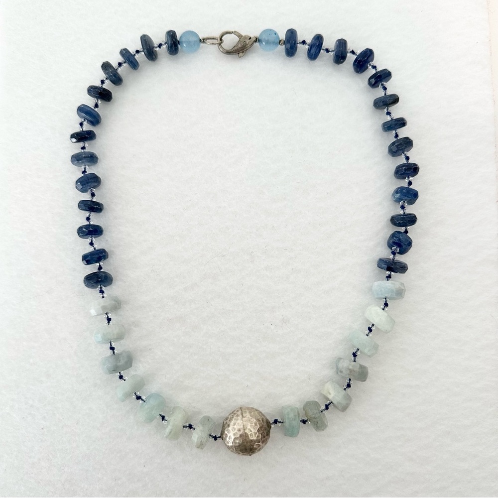 Handmade Navy and Aqua Beaded Statement Necklace with Hammered Silver Accent